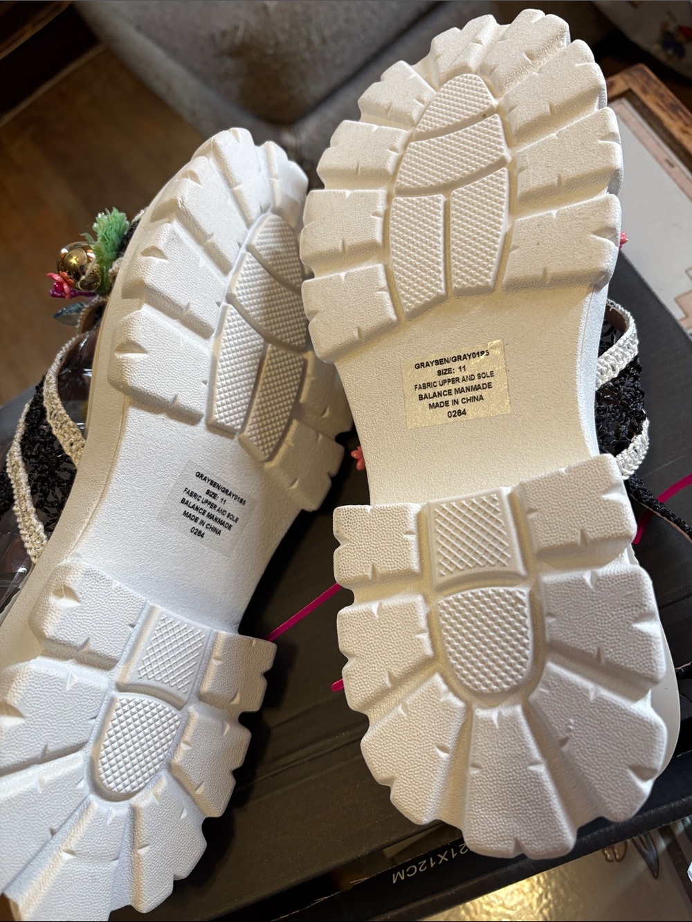 Betsey Johnson White & Black Platform Sandals with Colorful Bead Embellishments - Picture 4 of 4